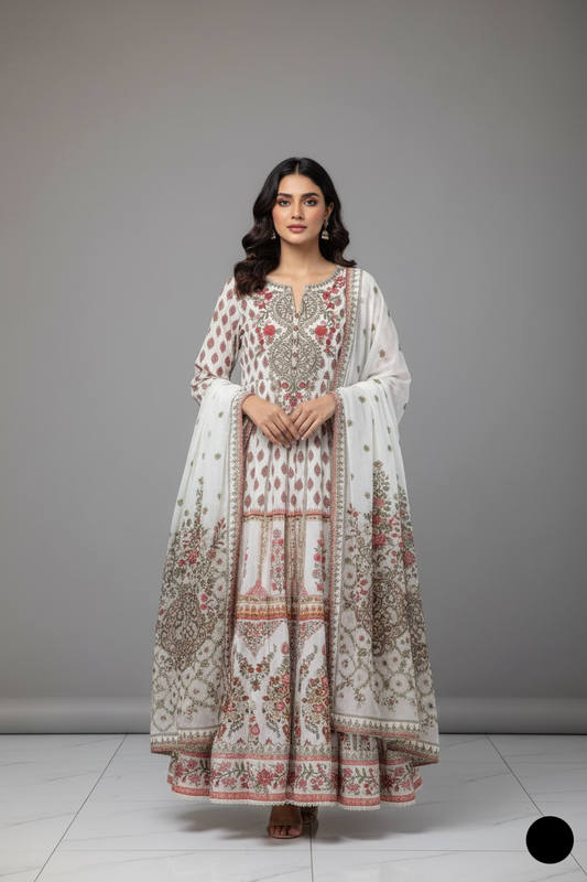 Chiffon straight shirt plazo printed - Pakistani women's party wear with viscose plazo and chiffon dupatta front view