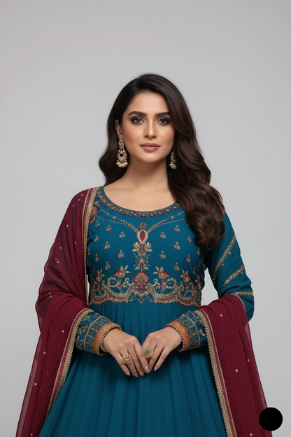 Pakistani women's zinc grey chiffon straight shirt plazo detail view