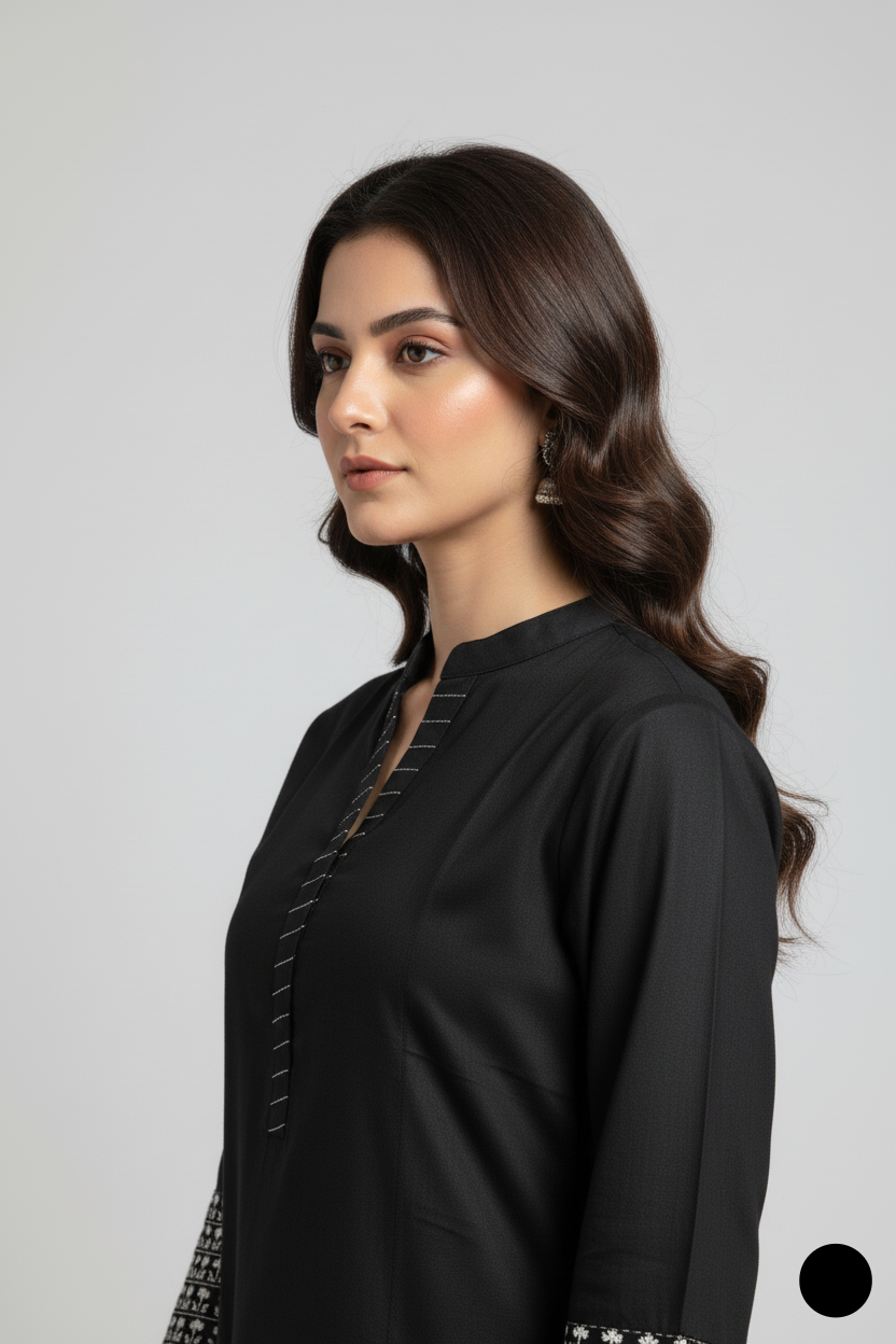 Pakistani women's black white lawn A-Line casual shirt detail view