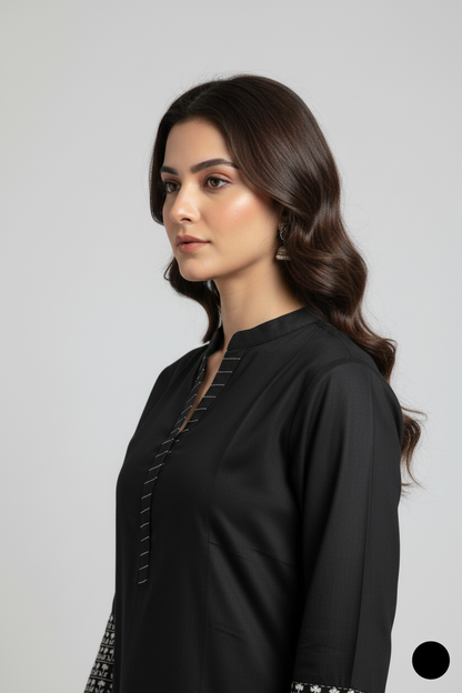 Pakistani women's black white lawn A-Line casual shirt detail view