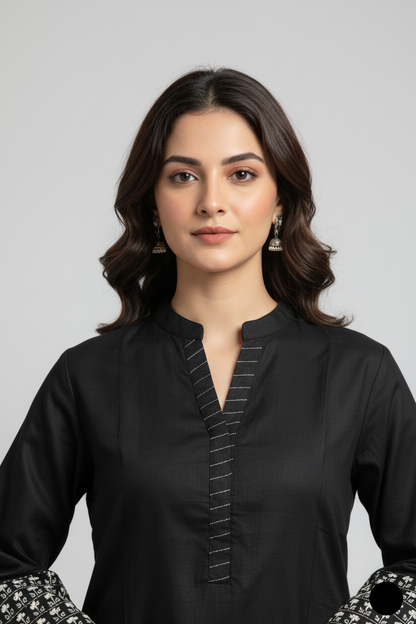 Black white lawn Pakistani women's A-Line casual shirt side view