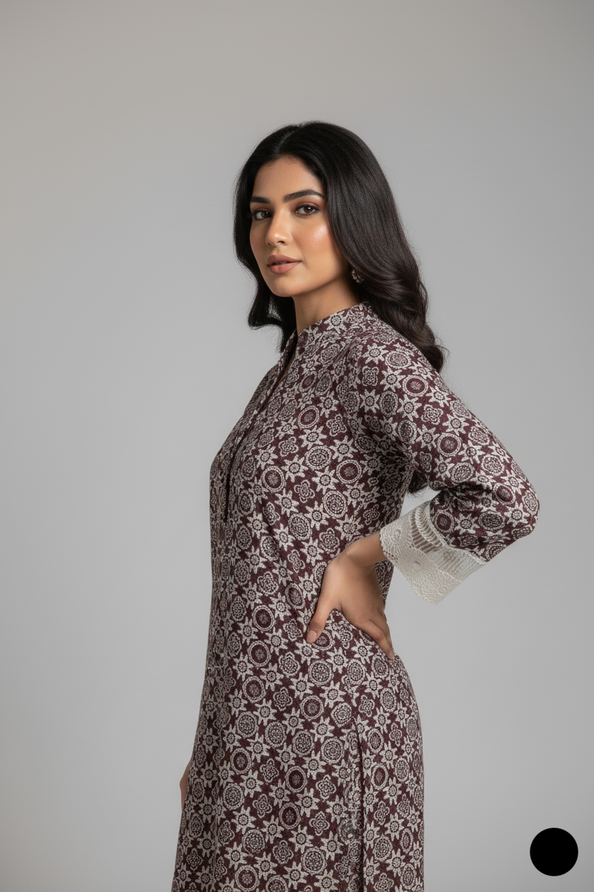 Pakistani women's lawn A-Line printed casual outfit detail view