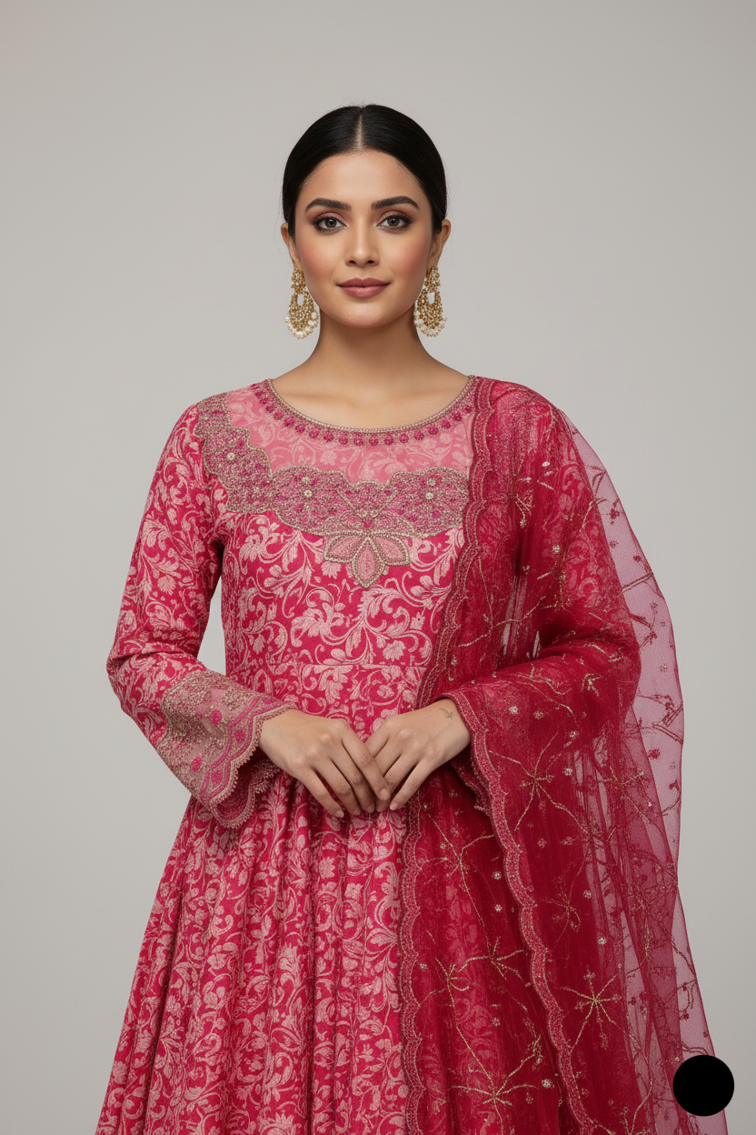 Pakistani women's pink lawn A-Line casual shirt detail view