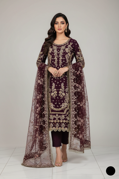 Organza A-Line shirt dark purple - Pakistani women's elegant formal wear with viscose trouser and organza dupatta front view