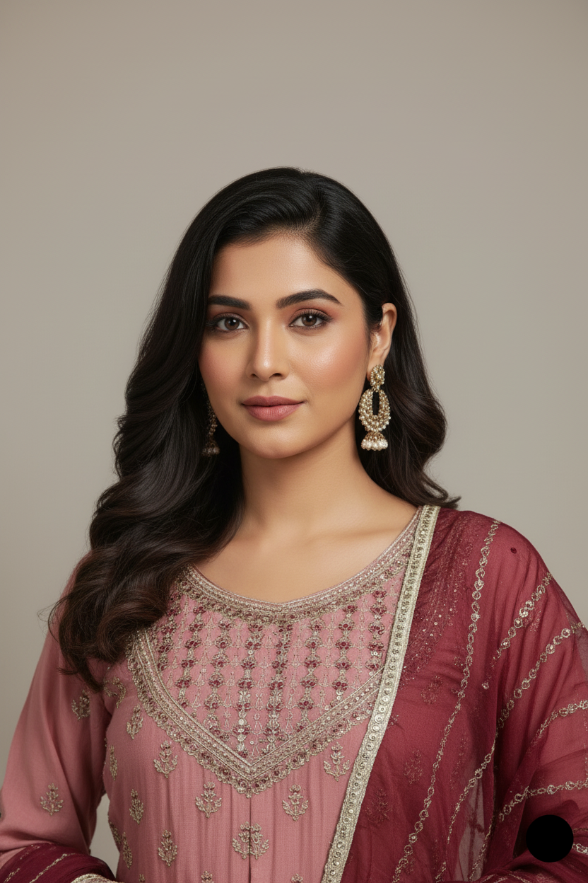 Pink chiffon Pakistani women's straight shirt with plazo side view