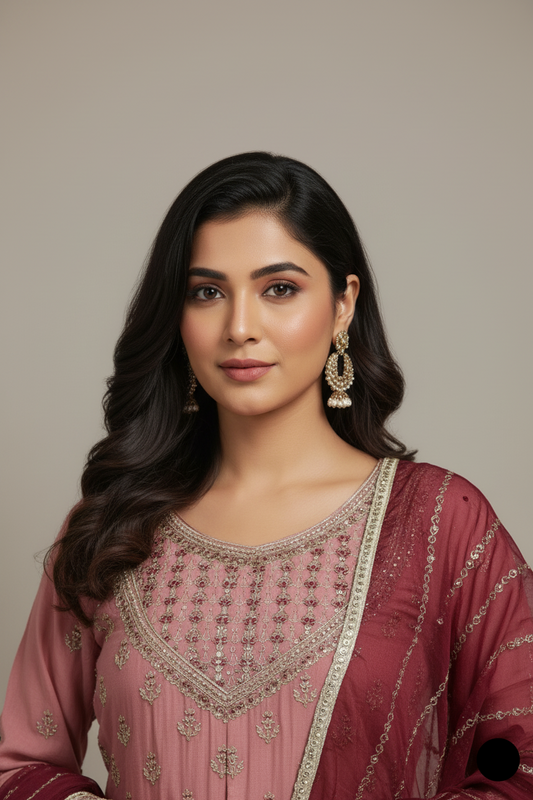 Pink chiffon Pakistani women's straight shirt with plazo side view