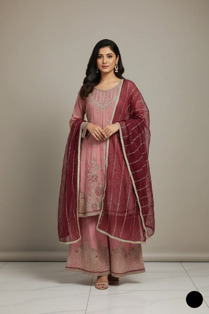 Chiffon straight shirt plazo pink - Pakistani women's party wear with viscose plazo and chiffon dupatta front view
