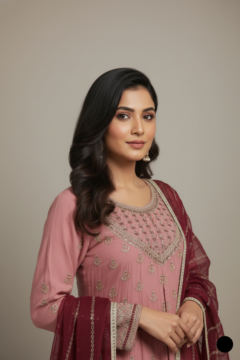 Pakistani women's pink chiffon straight shirt plazo detail view