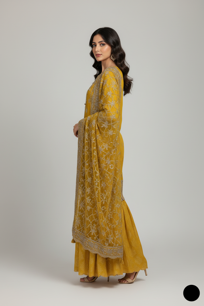 Pakistani women's yellow chiffon straight shirt plazo back view