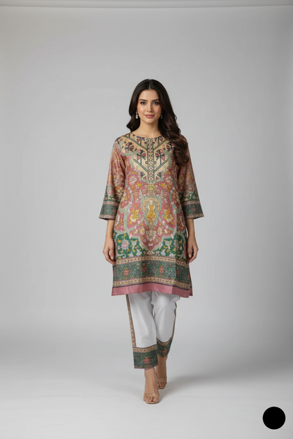 Lawn 2-piece printed - Pakistani women's casual summer outfit with cotton trouser and lawn dupatta front view
