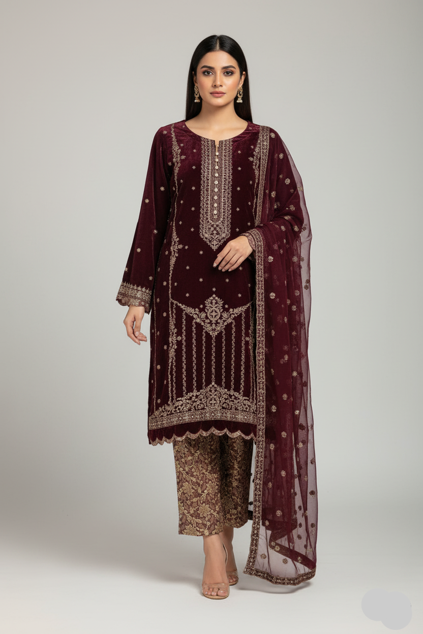 Velvet straight shirt SG1470 8 - Pakistani women's party wear with jamawar trouser front view