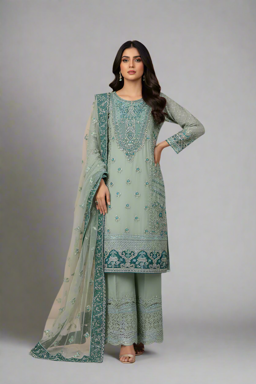 Silk short shirt light green - Pakistani women's traditional formal outfit front view