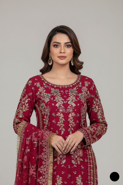 Organza A-Line shirt magenta - Pakistani women's elegant formal wear with viscose trouser and organza dupatta front view