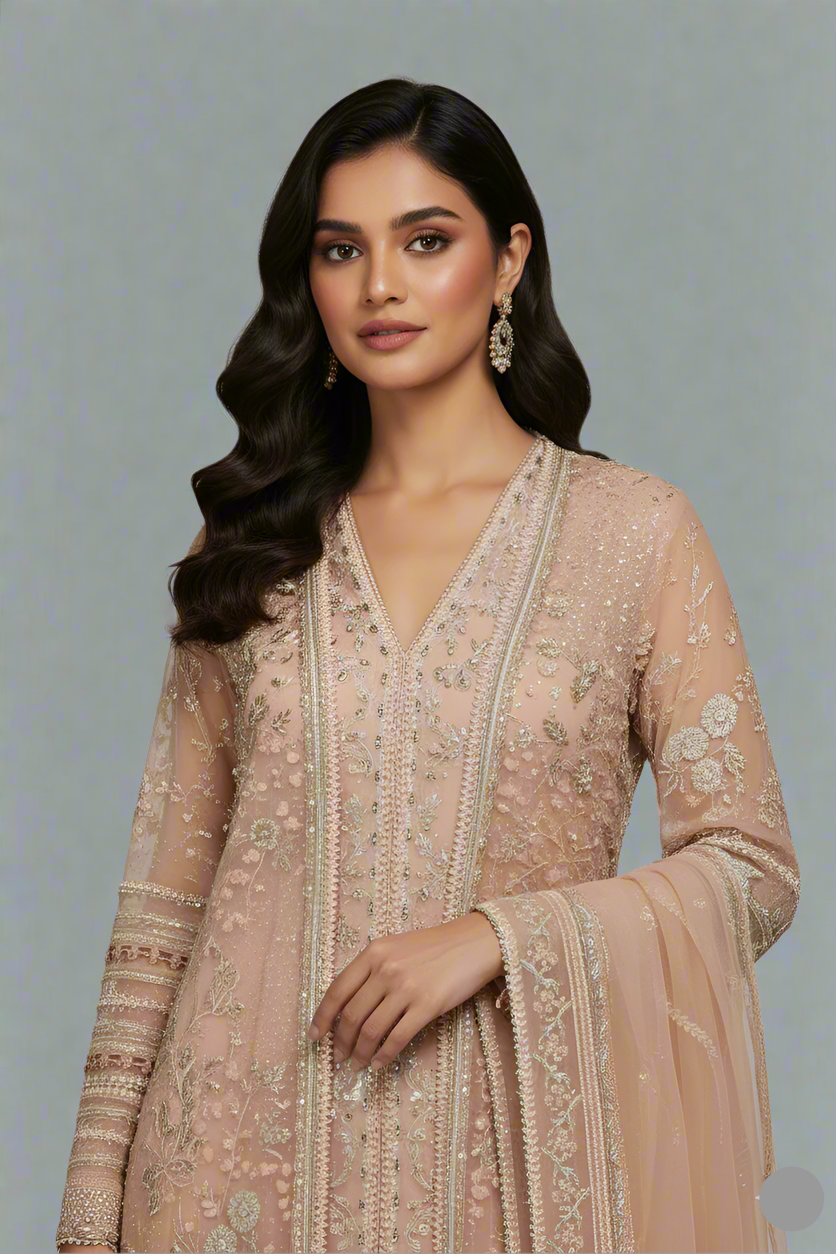 Peach organza Pakistani women's straight shirt side view