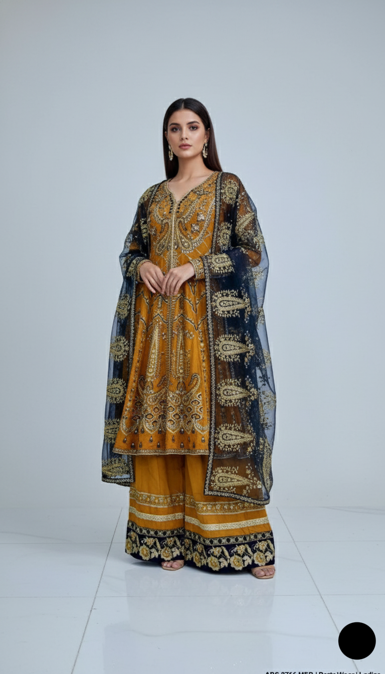 Chiffon frock plazo ABS 2766 - Pakistani women's party wear with organza dupatta front view