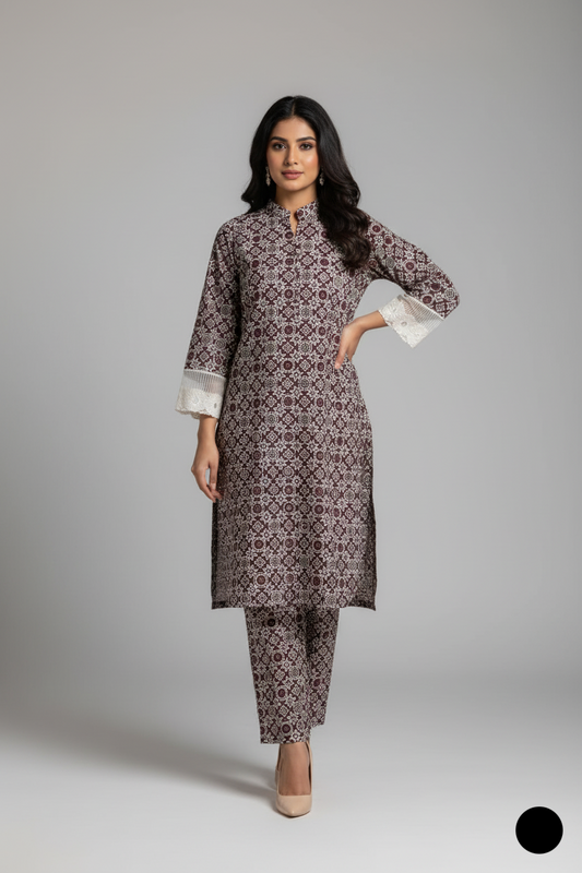 Lawn A-Line printed shirt - Pakistani women's casual summer outfit with cotton trouser and lawn dupatta front view