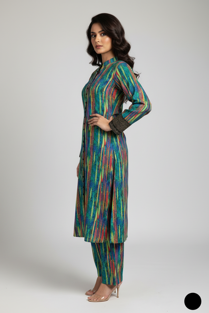 Pakistani women's lawn A-Line printed casual outfit detail view