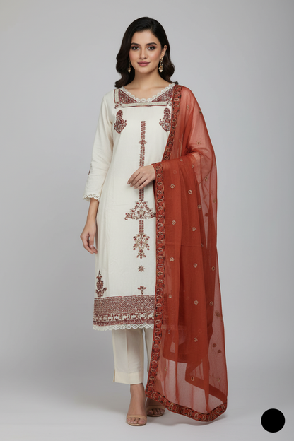 Lawn A-Line shirt off white - Pakistani women's casual summer outfit with cotton trouser and lawn dupatta front view