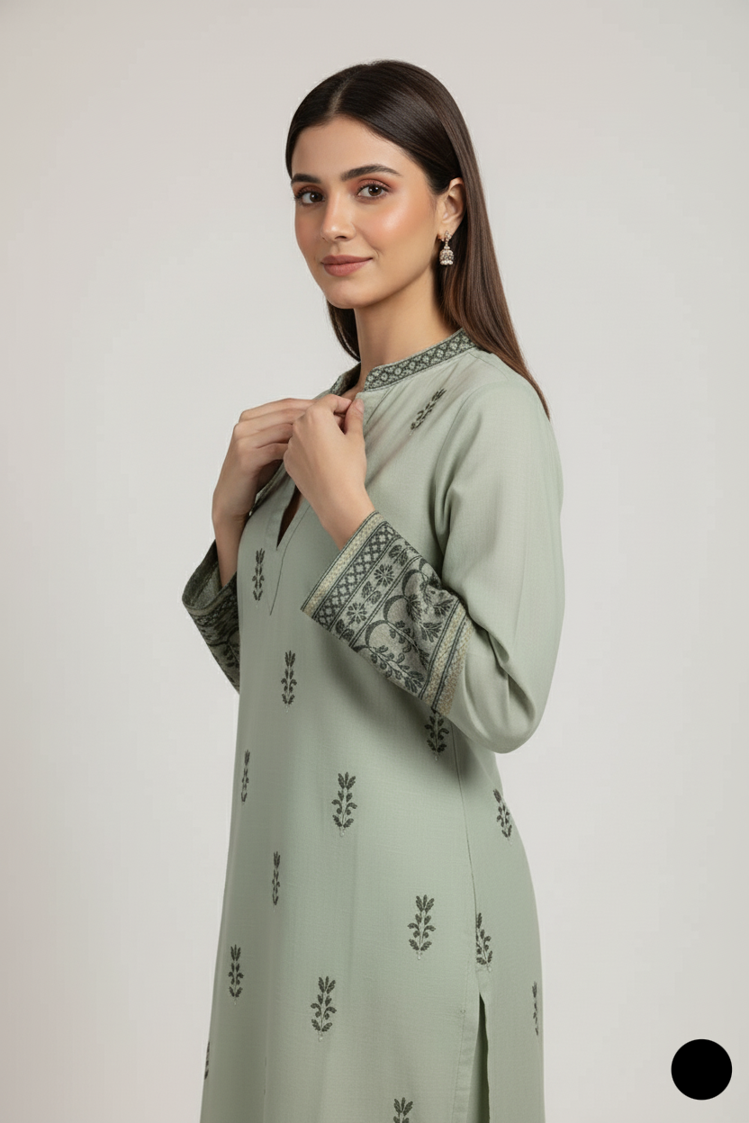 Pakistani women's pista green silk short shirt farshi shalwar detail view