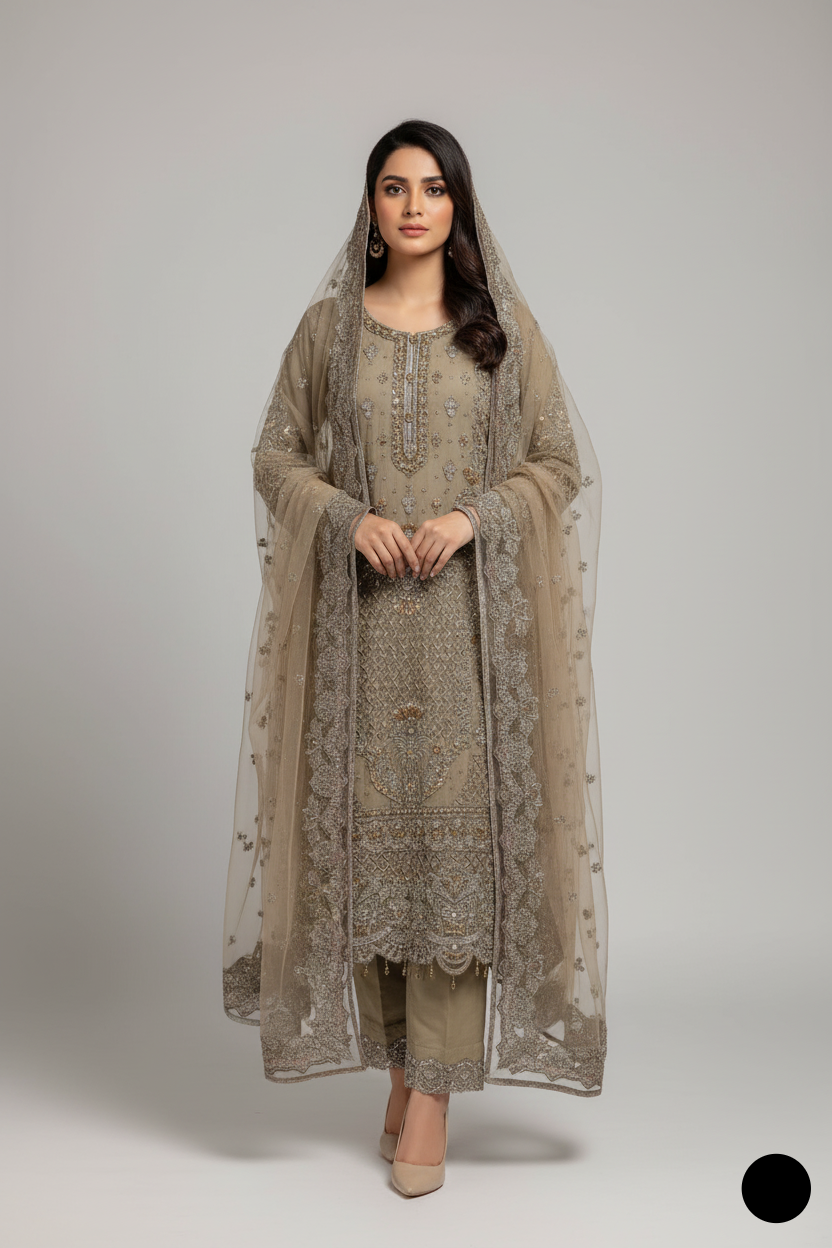 Organza straight shirt brown - Pakistani women's elegant formal wear with viscose trouser and organza dupatta front view