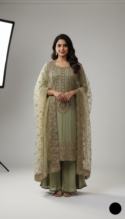Chiffon straight shirt pista green - Pakistani women's elegant formal wear with grip trouser and chiffon dupatta front view