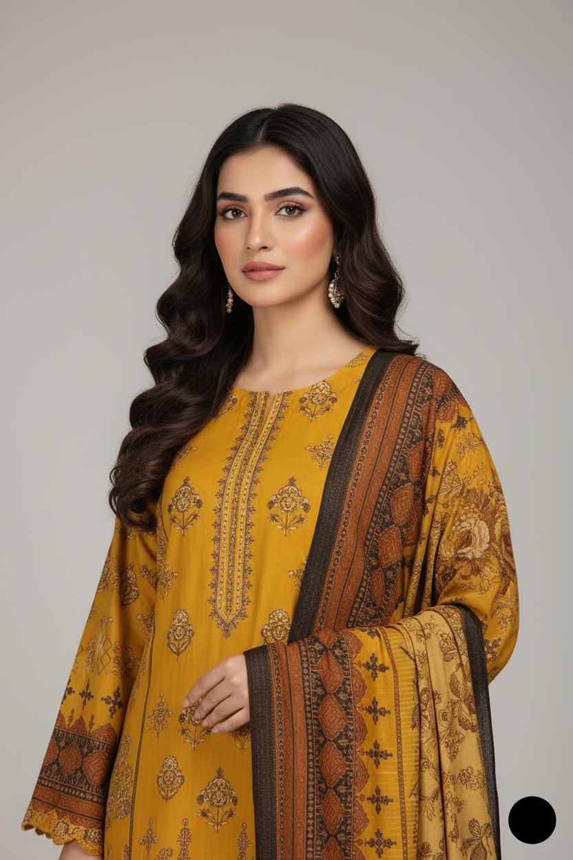 Dhanak straight shirt SG20 30 - Pakistani women's winter suit with digital shawl side view