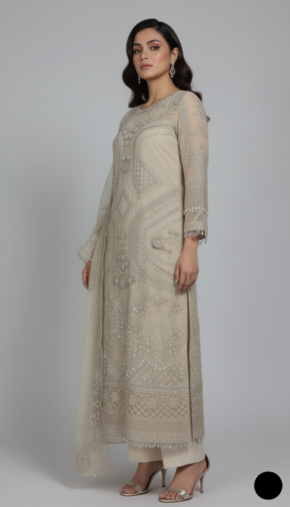 Pakistani women's fawn chiffon straight shirt detail view