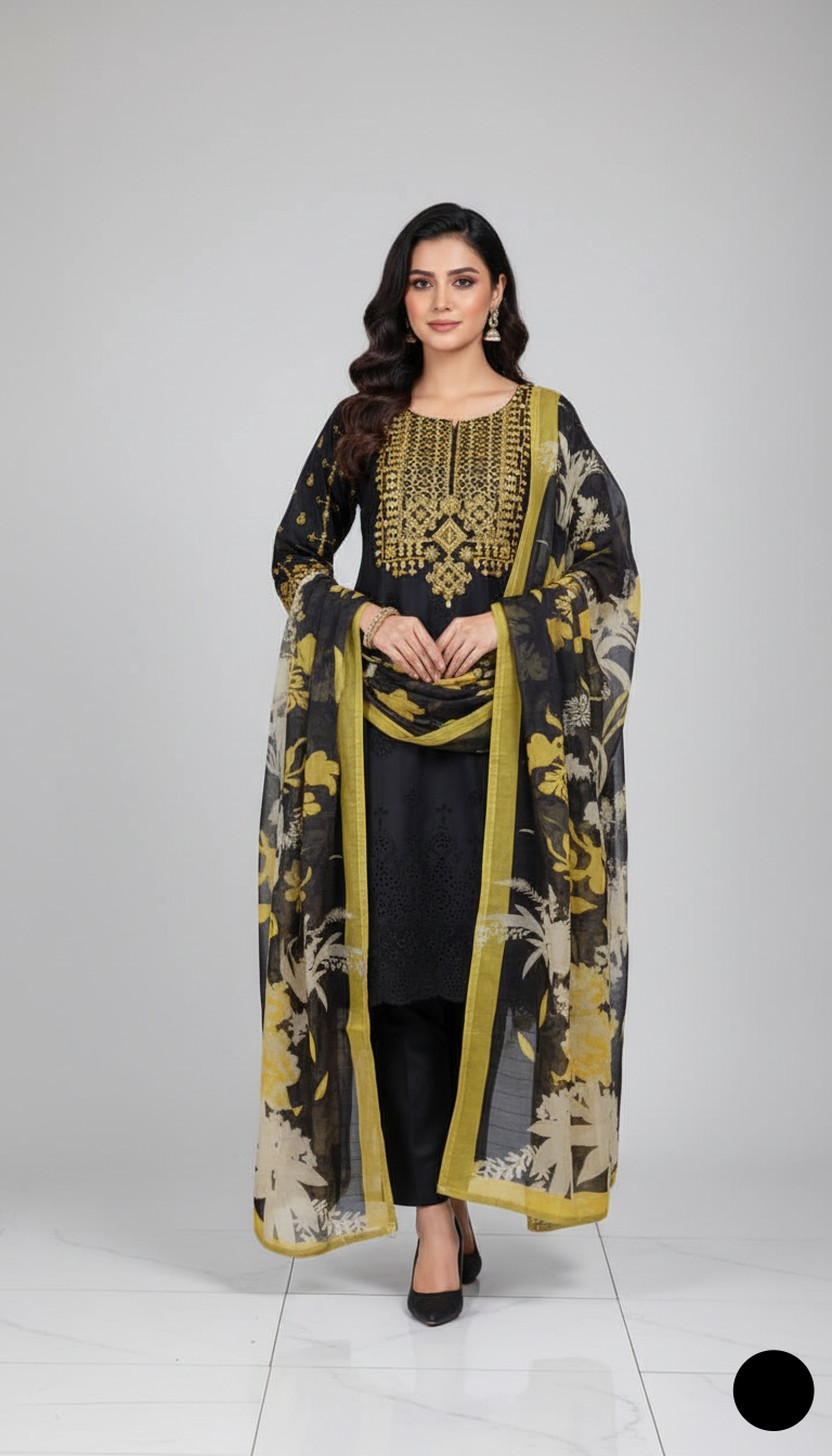 Lawn A-Line shirt black - Pakistani women's casual summer outfit with cotton trouser and lawn dupatta front view