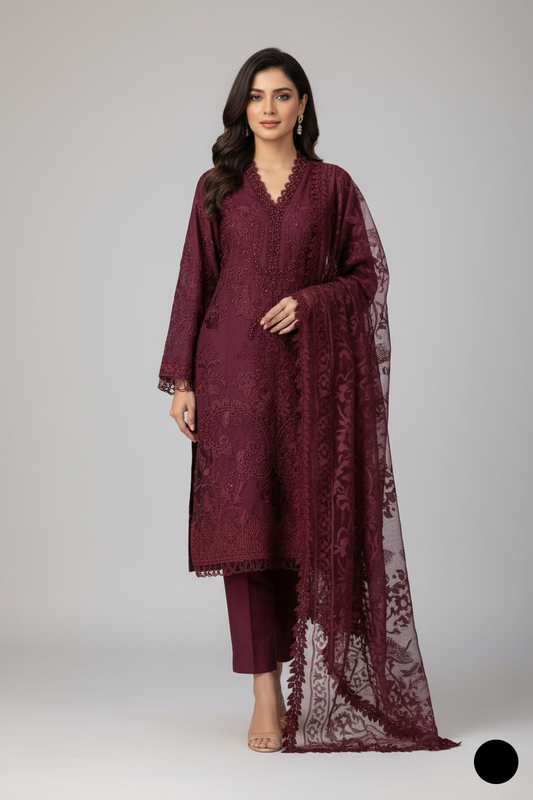 Chiffon A-Line shirt maroon - Pakistani women's elegant formal wear with viscose trouser and chiffon dupatta front view