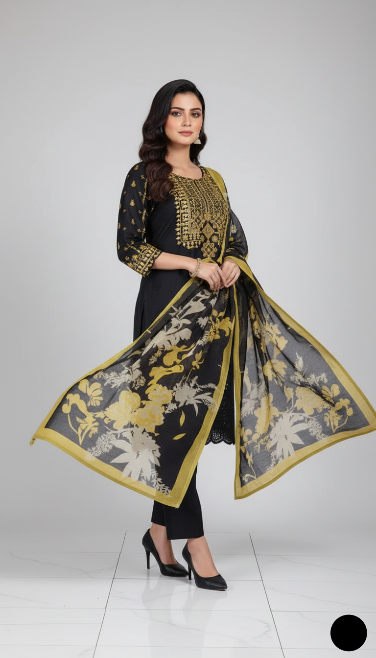 Pakistani women's black lawn A-Line casual shirt detail view