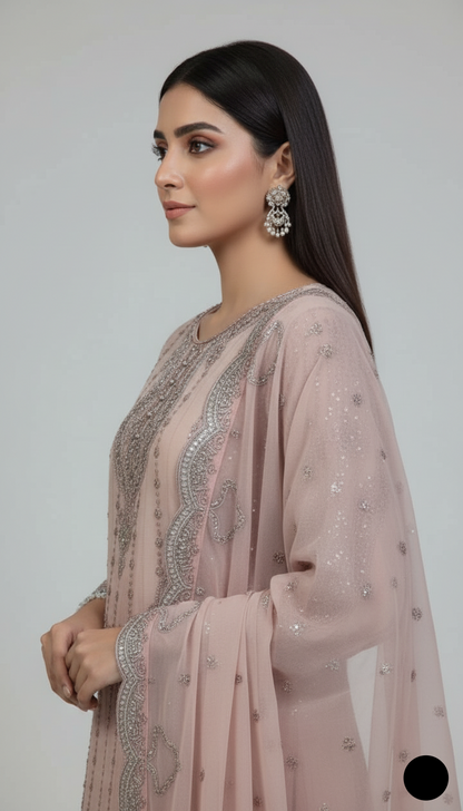 Pakistani women's tea pink chiffon straight shirt detail view