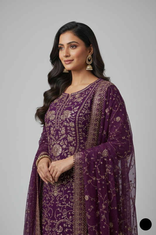 Purple organza Pakistani women's straight shirt back view