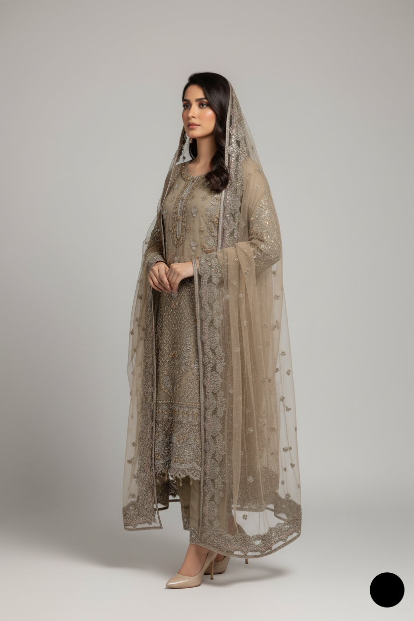 Pakistani women's brown organza straight shirt detail view