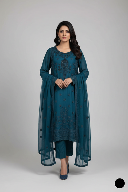 Silk straight shirt zinc grey - Pakistani women's formal party wear with silk trouser and chiffon dupatta front view