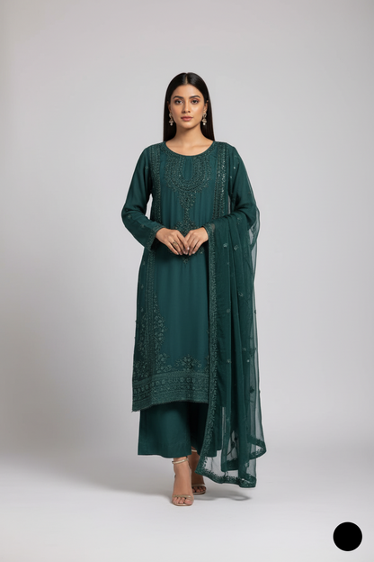 Silk straight shirt bottle green - Pakistani women's formal party wear with silk trouser and chiffon dupatta front view