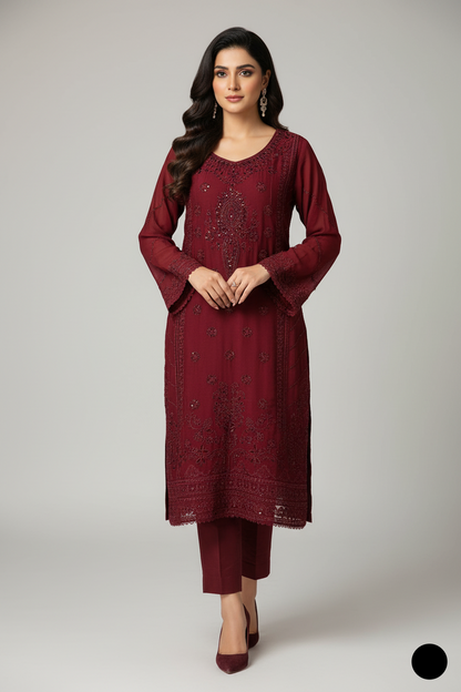 Silk straight shirt maroon - Pakistani women's formal party wear with silk trouser and chiffon dupatta front view