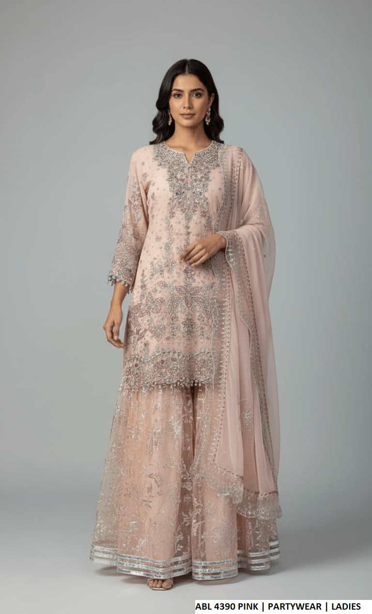 Pakistani women's pink organza A-Line shirt detail view