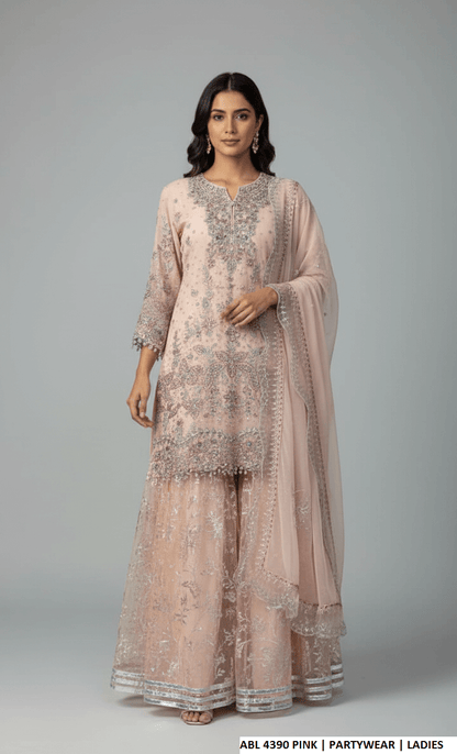 Pakistani women's pink organza A-Line shirt detail view