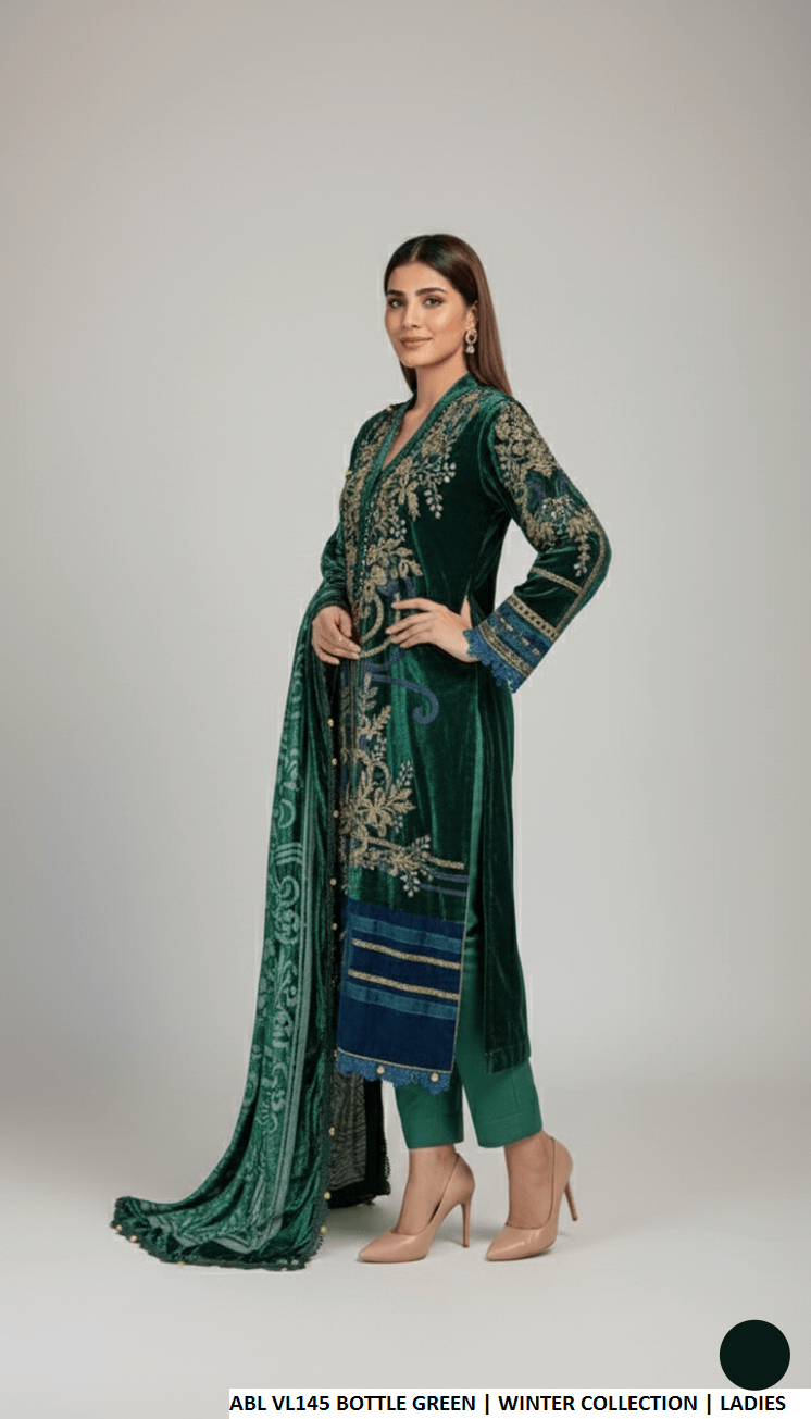 Pakistani women's bottle green velvet A-Line shirt back view