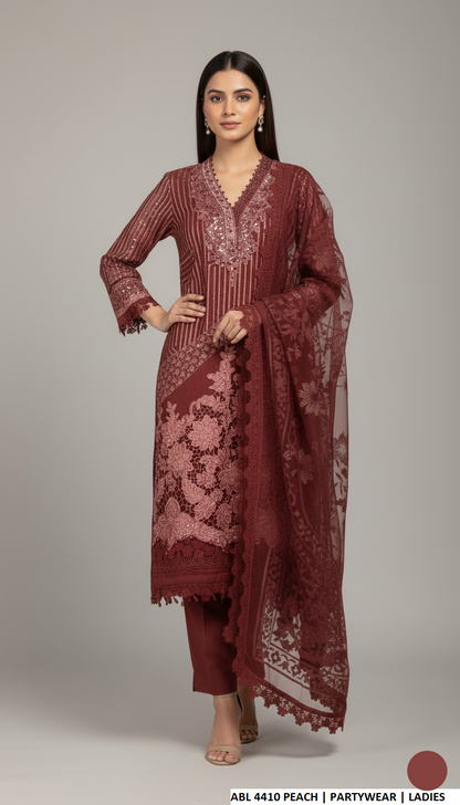 Chiffon straight shirt peach - Pakistani women's elegant formal wear with viscose trouser and chiffon dupatta front view