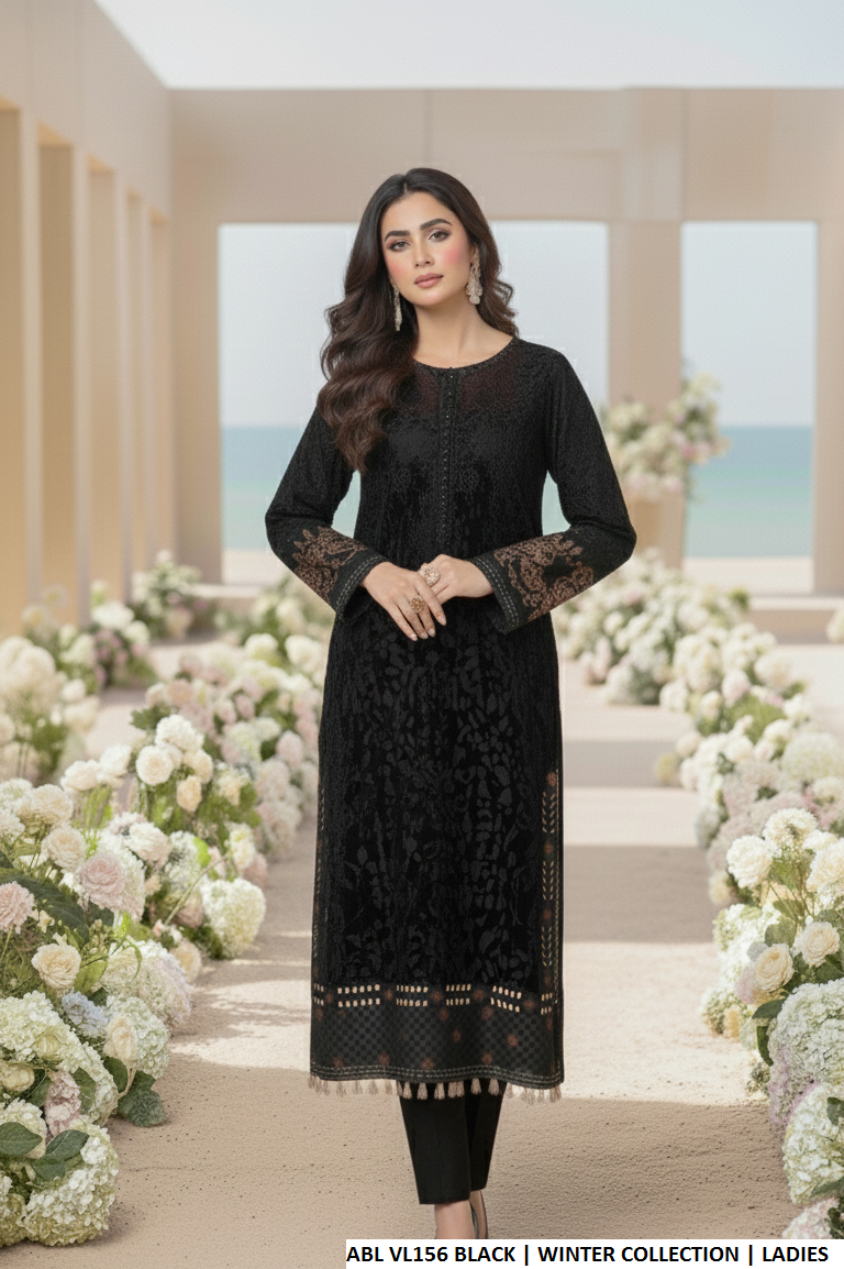 Pakistani women's black velvet straight shirt detail view