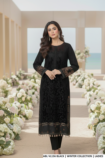 Pakistani women's black velvet straight shirt detail view