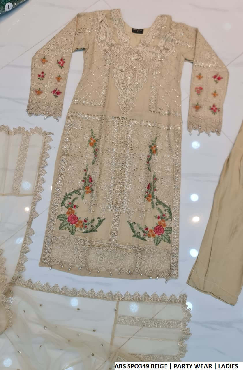 Pakistani women's beige chiffon straight shirt back view