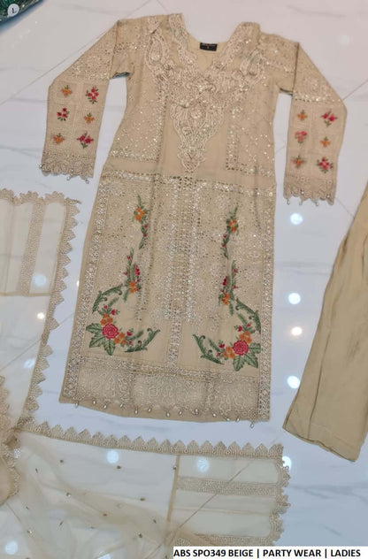 Pakistani women's beige chiffon straight shirt back view