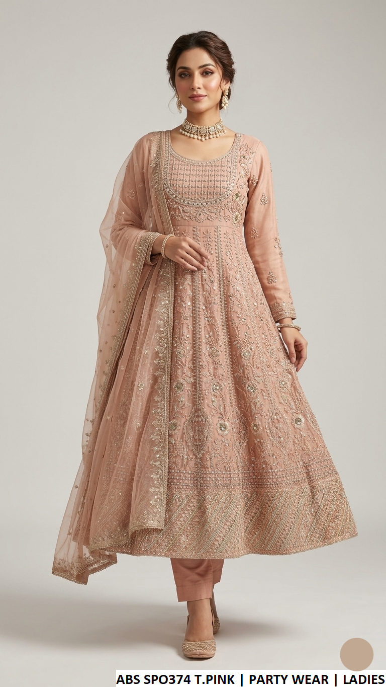 Chiffon long frock tea pink - Pakistani women's luxury formal wear with grip trouser and organza dupatta front view