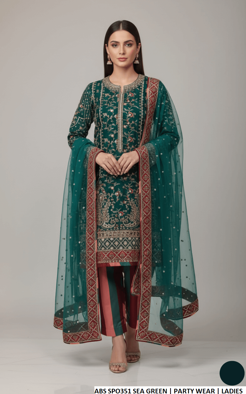 Chiffon straight shirt sea green - Pakistani women's elegant outfit with viscose trouser and organza dupatta front view