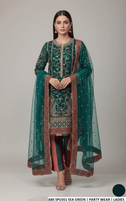 Chiffon straight shirt sea green - Pakistani women's elegant outfit with viscose trouser and organza dupatta front view