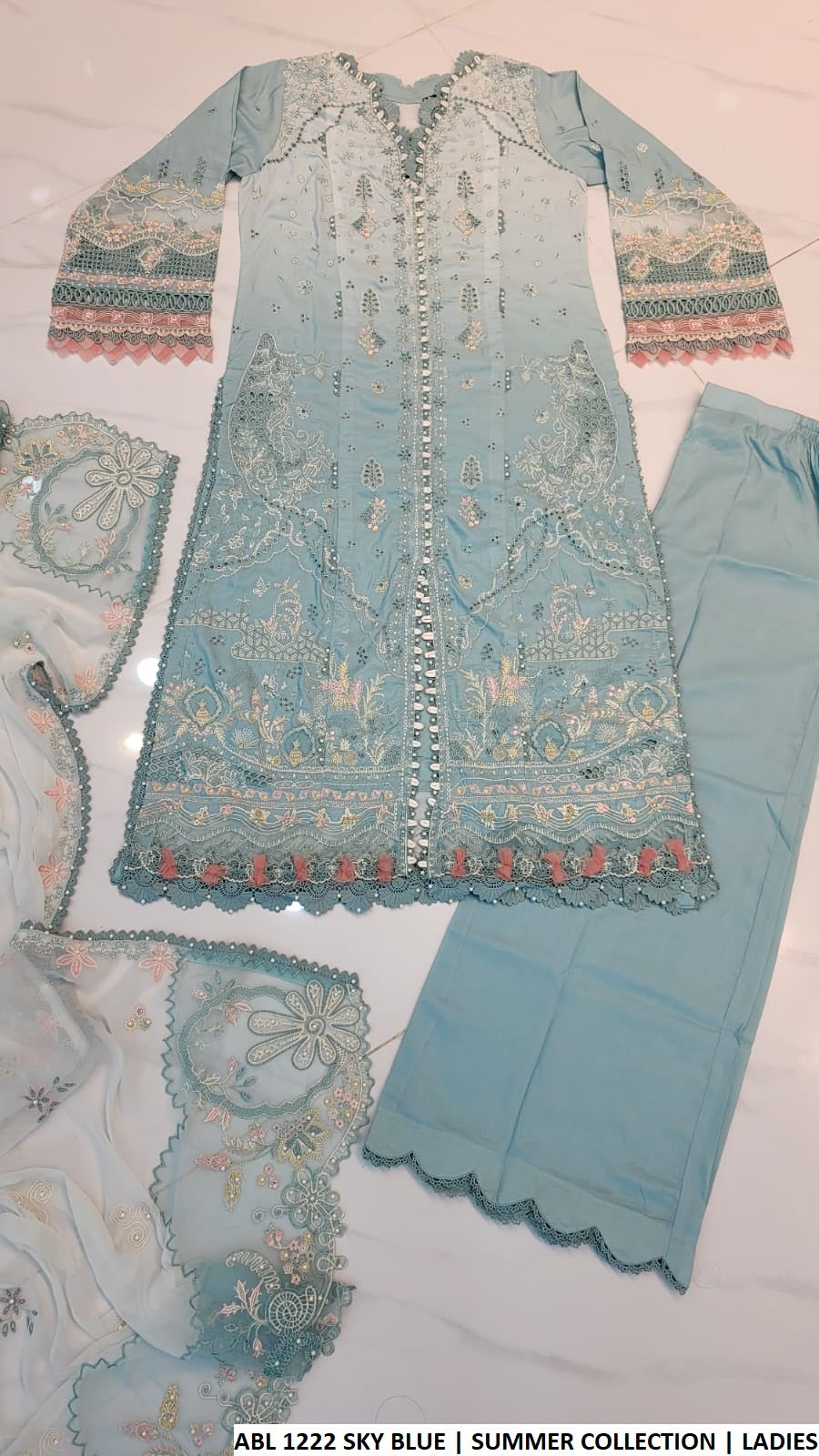 Pakistani women's sky blue poly lawn A-Line shirt plazo back view