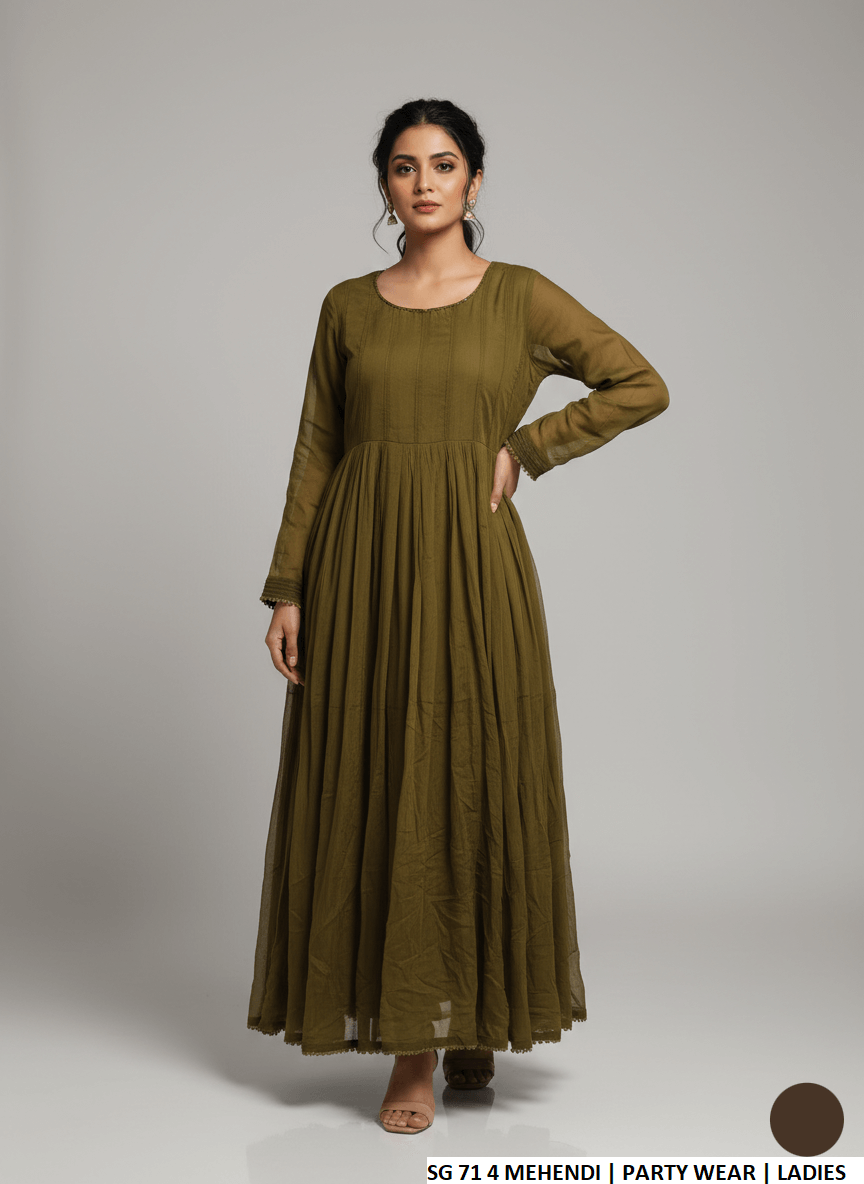 Chiffon long frock mehendi green - Pakistani women's elegant formal wear with grip trouser front view
