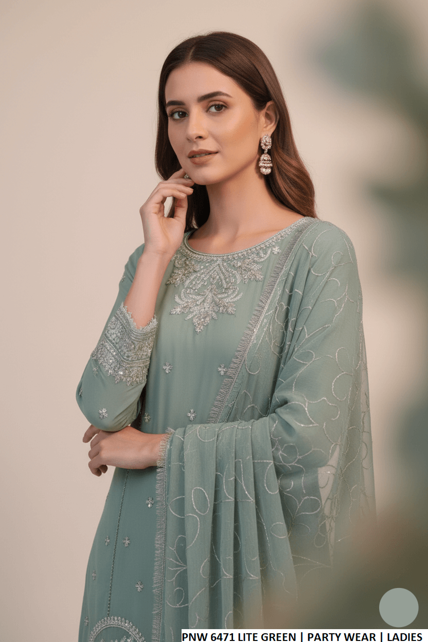 Light green chiffon Pakistani women's short shirt with sharara side view
